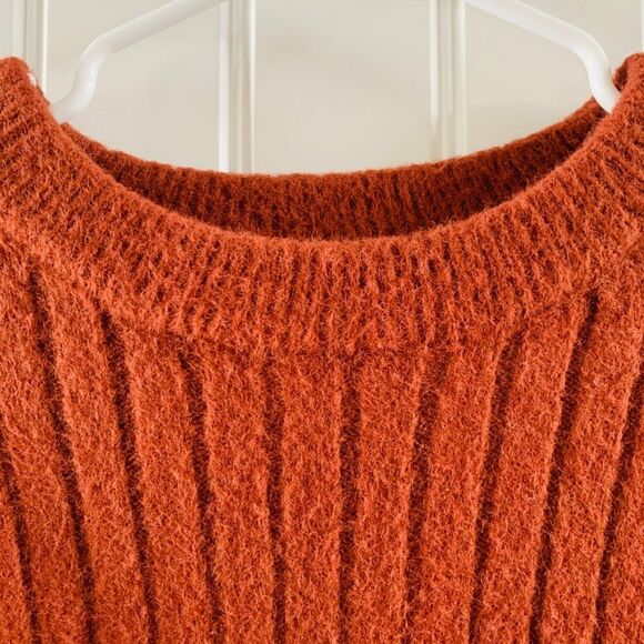 SO Womens Orange Cozy Fuzzy Ribbed Knit Oversized Crewneck Sweater | Medium - Picture 5 of 7